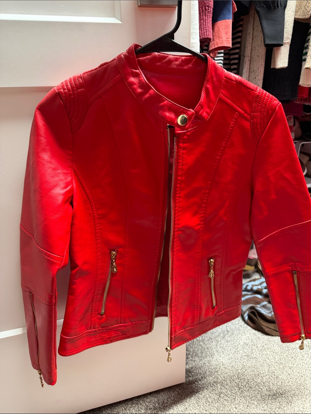 Womens Red Faux Leather Moto Jacket - Stylish Coat